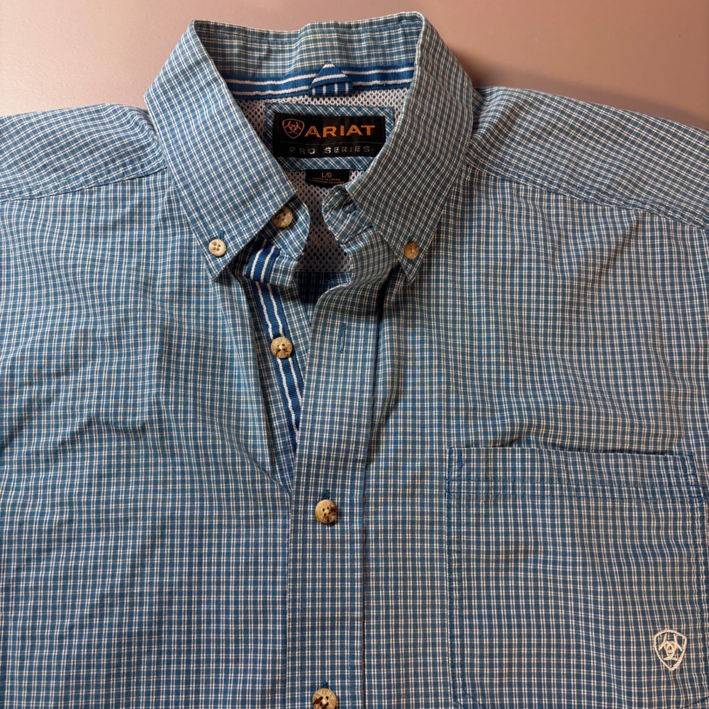 Ariat Pro Series Shirt Mens Large Blue Plaid Vented Mesh Ranch Work Short Sleeve